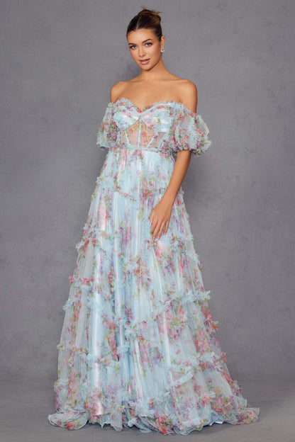 Juliet JT2887C Whimsy Sweetheart Off Shoulder Ruffled A-Line Print Gown by DiscountDressShop