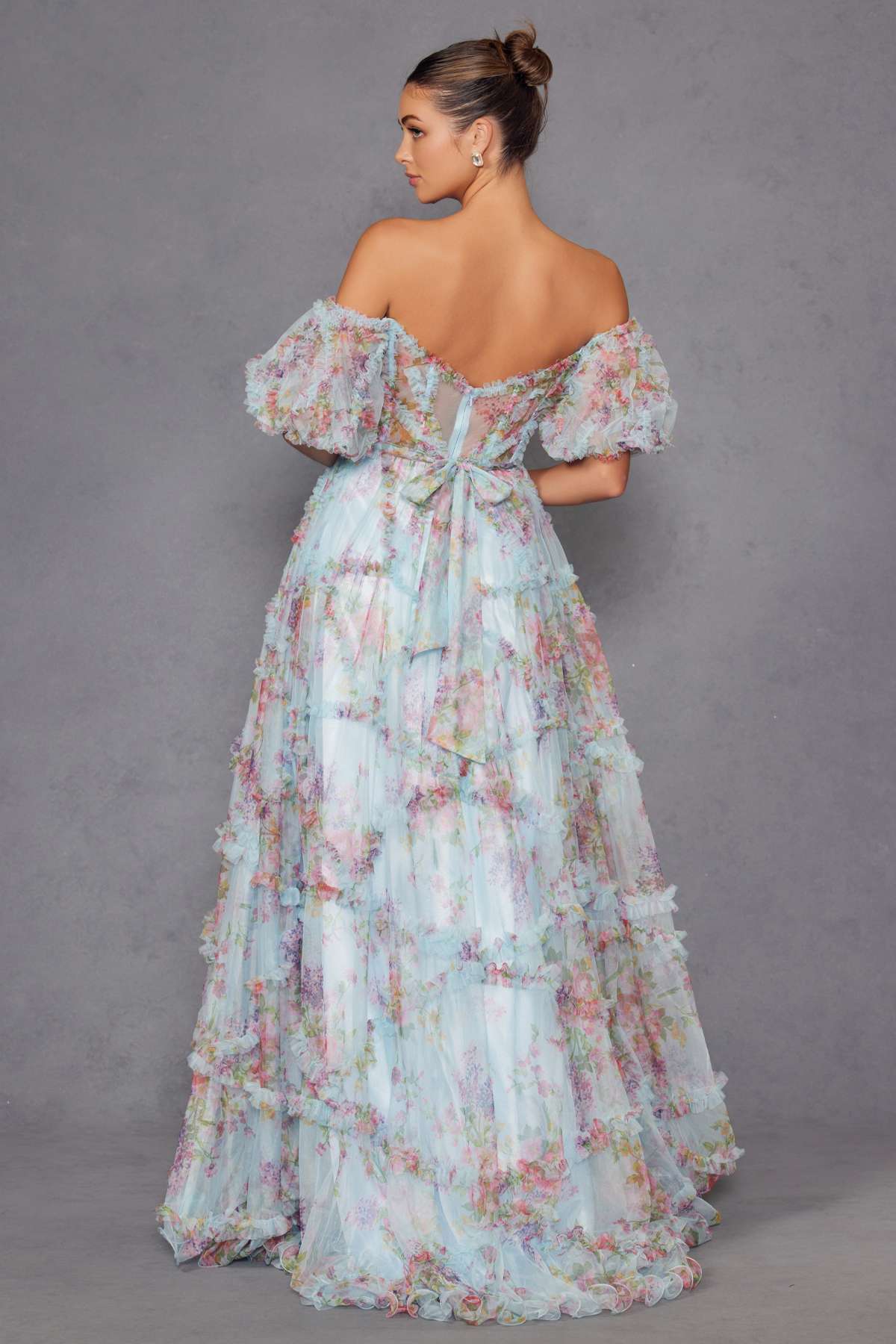 Juliet JT2887C Whimsy Sweetheart Off Shoulder Ruffled A-Line Print Gown by DiscountDressShop