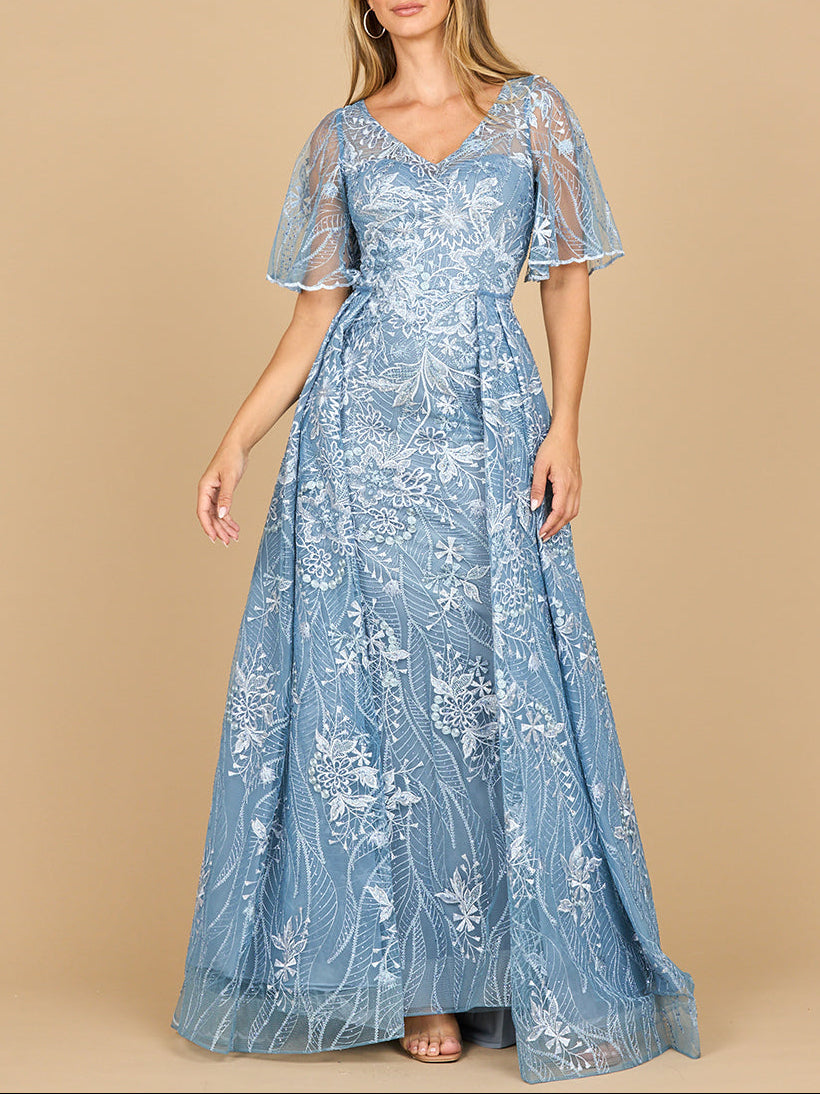 Lara 28880- Overskirt Lace Fitted V-Neck Gown with Cape Sleeves by Lara New York