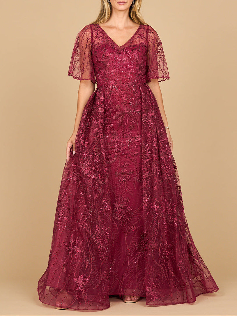 Lara 28880- Overskirt Lace Fitted V-Neck Gown with Cape Sleeves by Lara New York