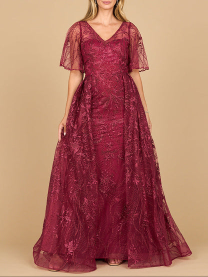 Lara 28880- Overskirt Lace Fitted V-Neck Gown with Cape Sleeves by Lara New York