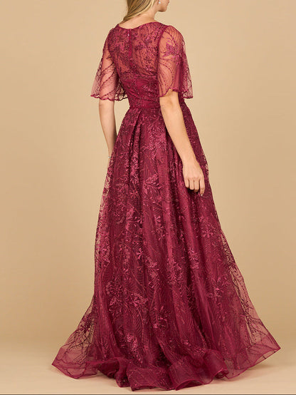 Lara 28880- Overskirt Lace Fitted V-Neck Gown with Cape Sleeves by Lara New York