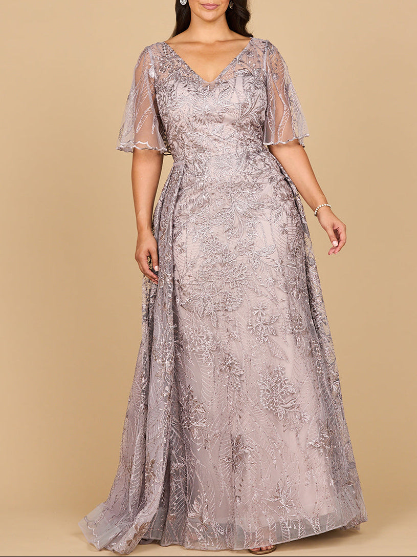 Lara 28880- Overskirt Lace Fitted V-Neck Gown with Cape Sleeves by Lara New York