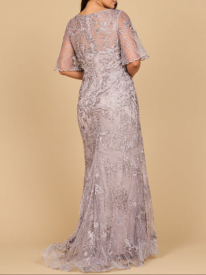 Lara 28880- Overskirt Lace Fitted V-Neck Gown with Cape Sleeves by Lara New York