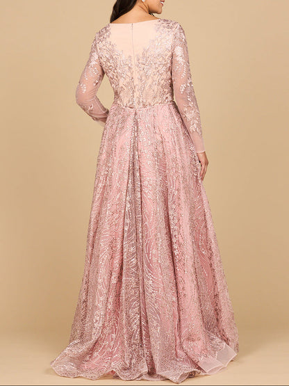 Long Sleeve Gown with Overskirt &amp; Illusion Neckline by Lara New York