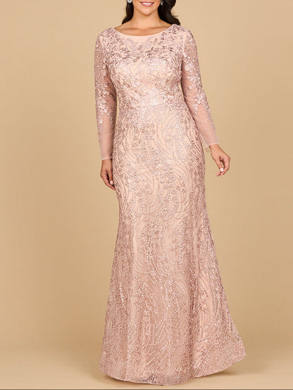 Long Sleeve Gown with Overskirt &amp; Illusion Neckline by Lara New York