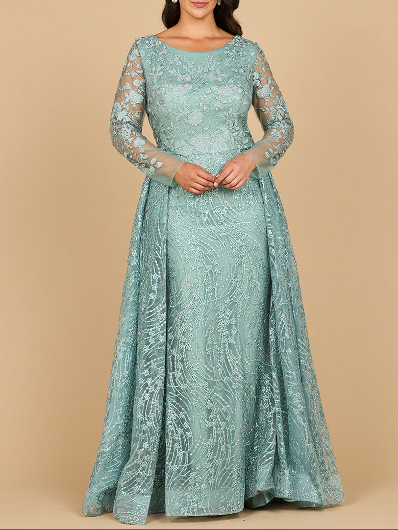 Long Sleeve Gown with Overskirt &amp; Illusion Neckline by Lara New York