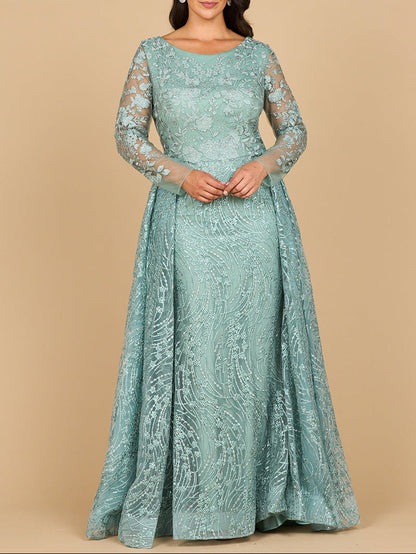 Long Sleeve Gown with Overskirt &amp; Illusion Neckline by Lara New York