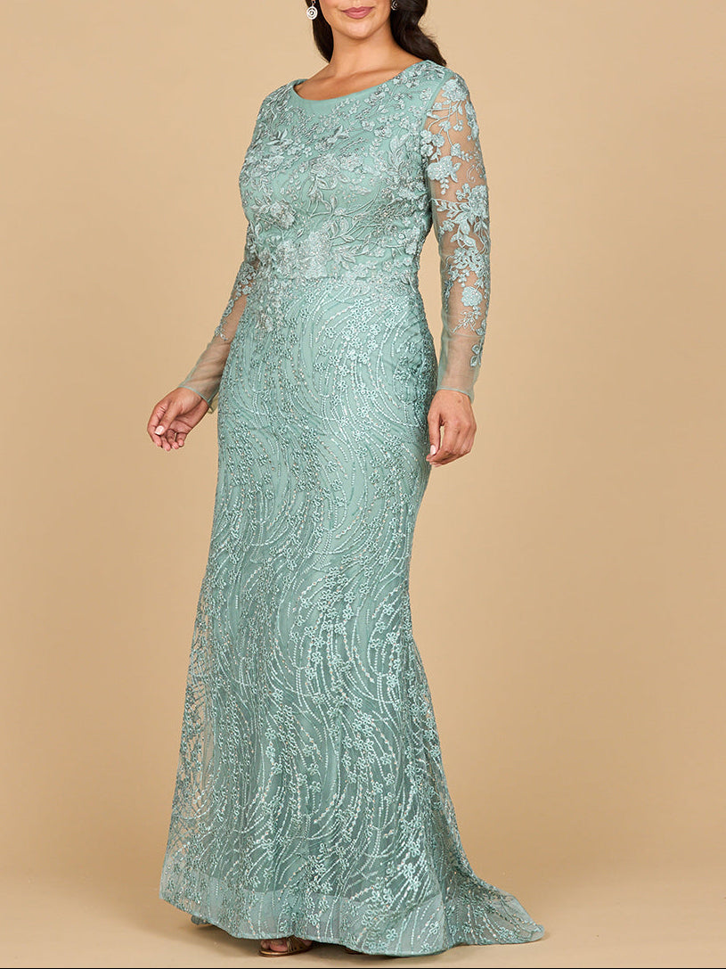 Long Sleeve Gown with Overskirt &amp; Illusion Neckline by Lara New York