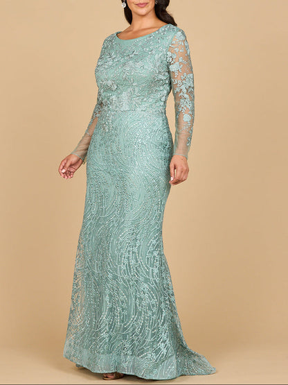 Long Sleeve Gown with Overskirt &amp; Illusion Neckline by Lara New York