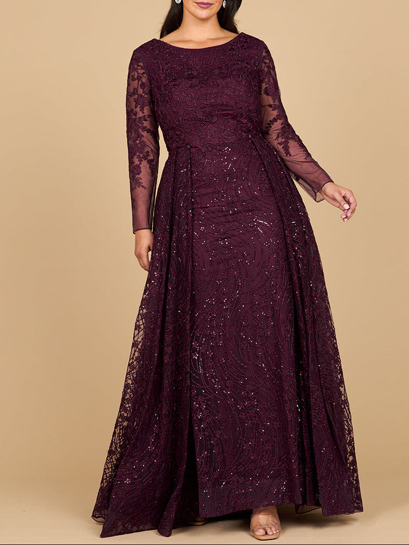 Long Sleeve Gown with Overskirt &amp; Illusion Neckline by Lara New York
