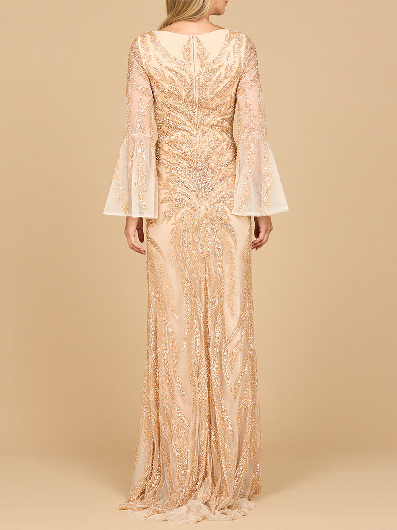 Lara 28887 - High Neck Beaded Dress with Bell Sleeves by Lara New York