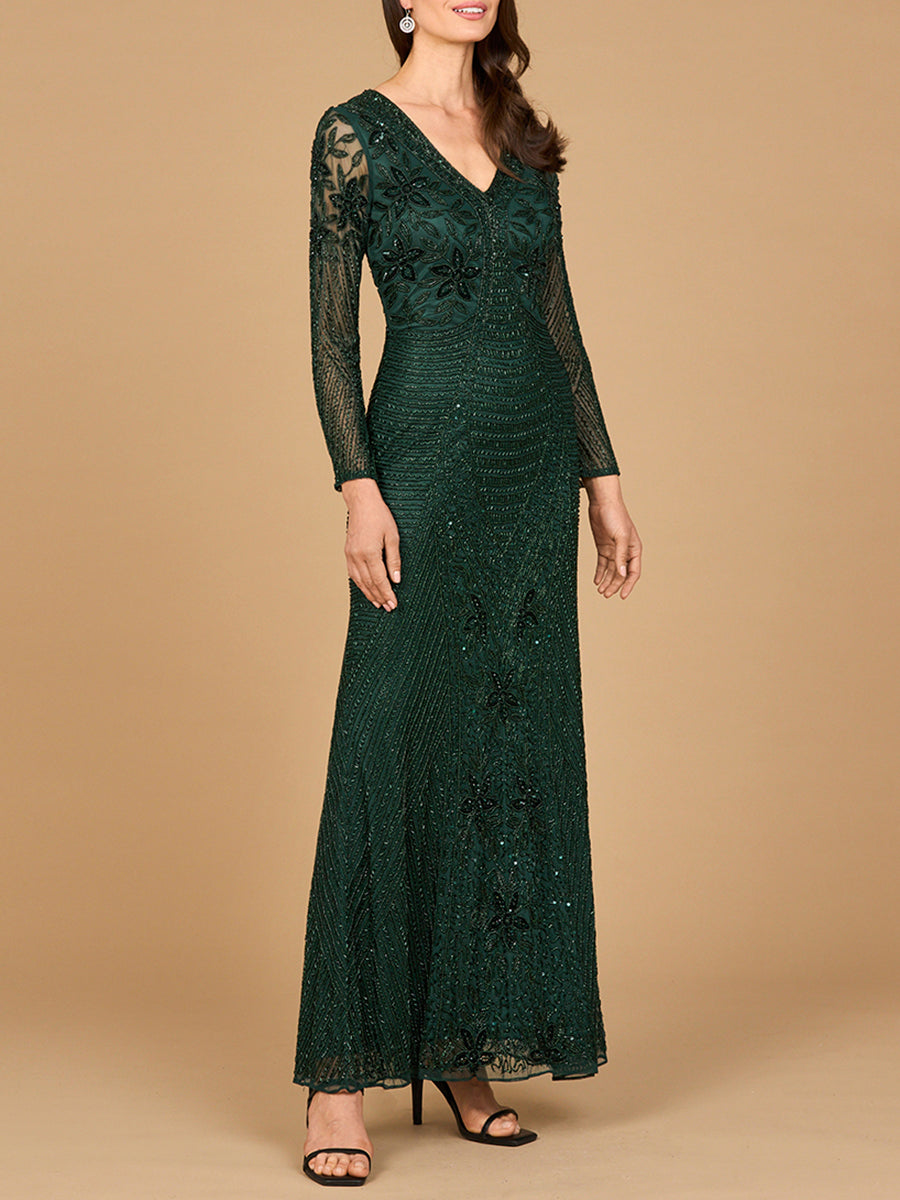 Long Sleeve Beaded Maxi Gown by Lara New York
