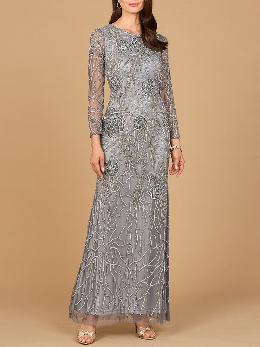High Neck, Long Sleeve Beaded Gown | 28889 by Lara New York