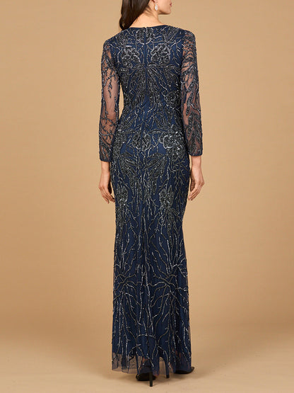 High Neck, Long Sleeve Beaded Gown | 28889 by Lara New York