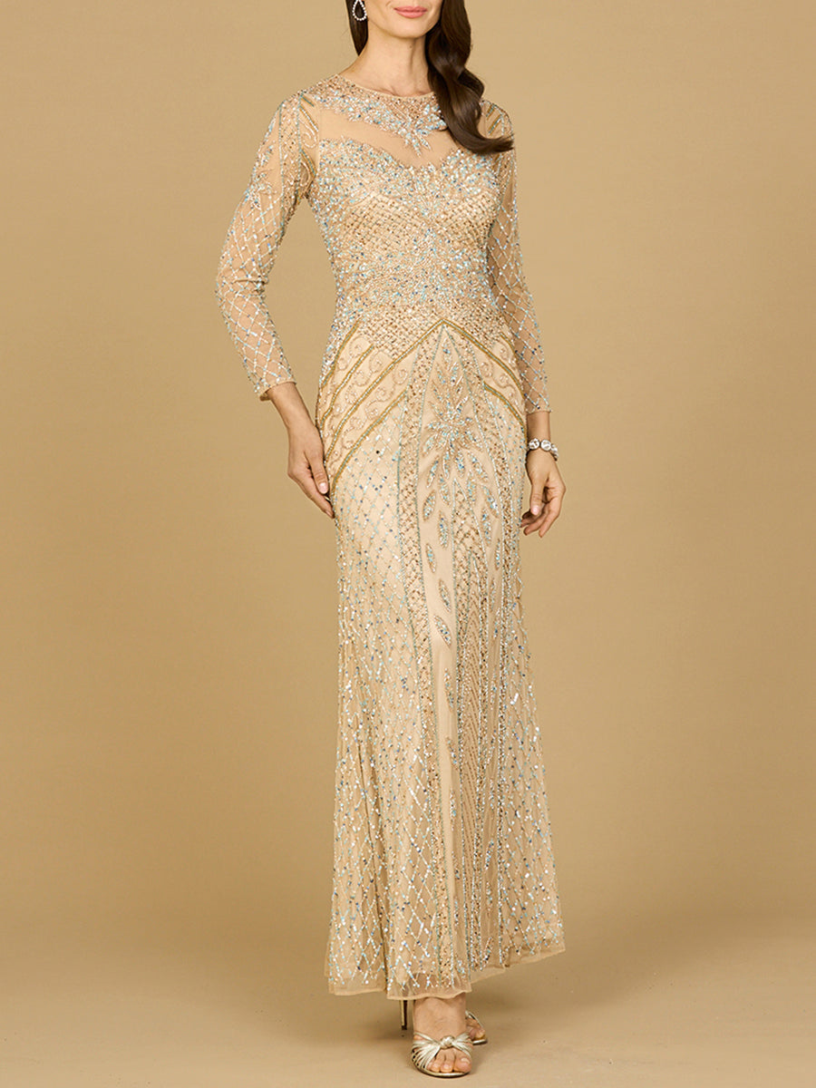 Illusion Neck, Long Sleeve Beaded Gown by Lara New York