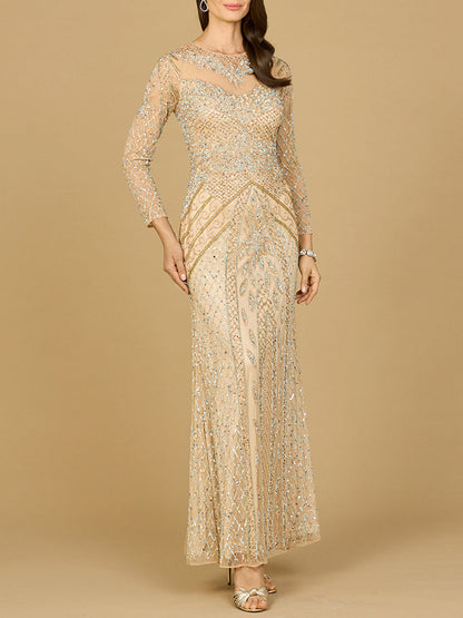 Illusion Neck, Long Sleeve Beaded Gown by Lara New York