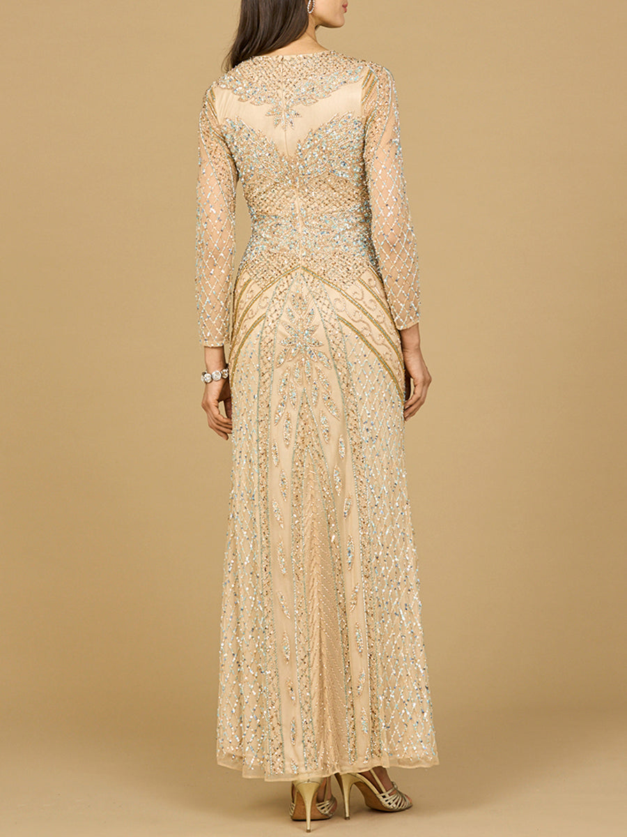 Illusion Neck, Long Sleeve Beaded Gown by Lara New York