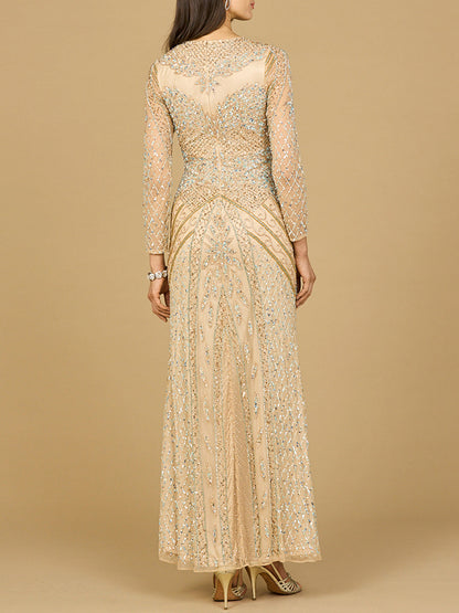 Illusion Neck, Long Sleeve Beaded Gown by Lara New York