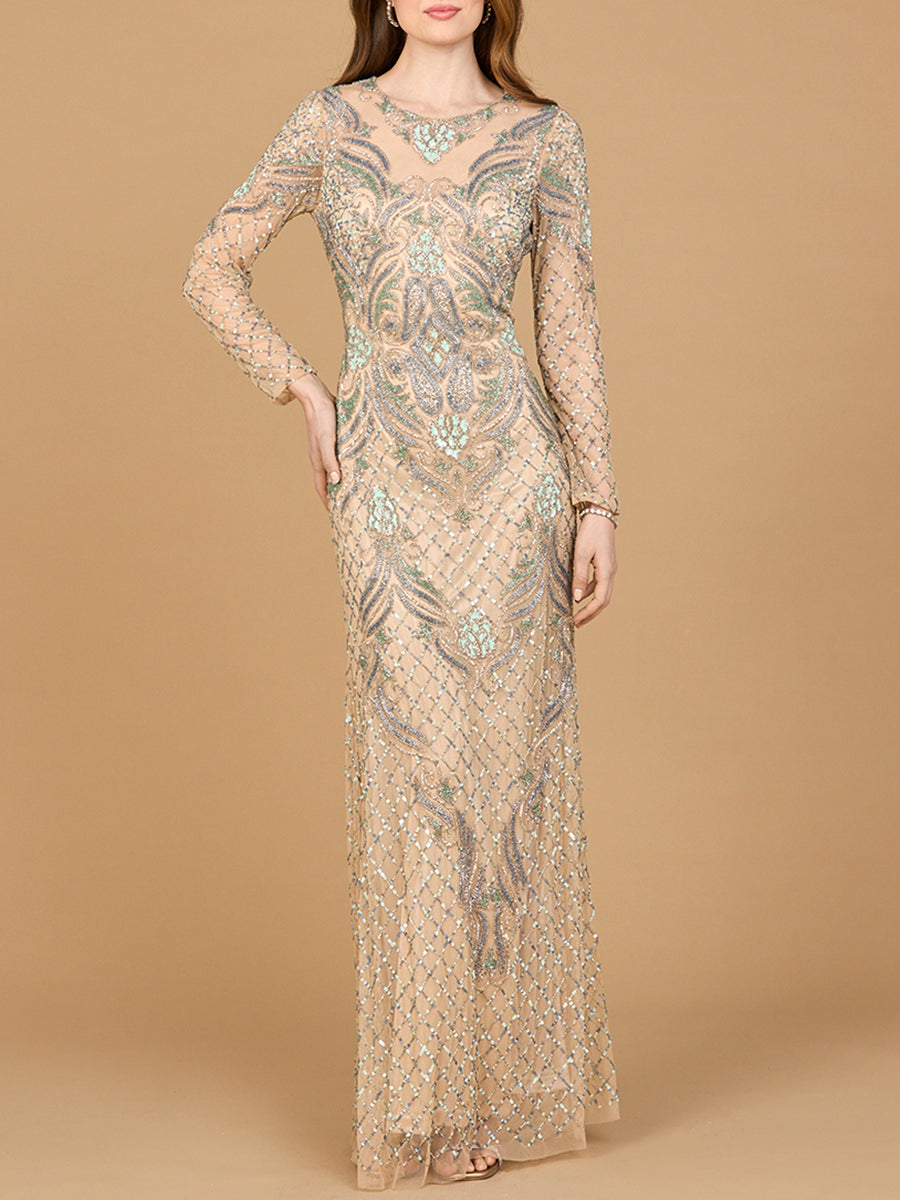 Long Sleeve Beaded Gown by Lara New York