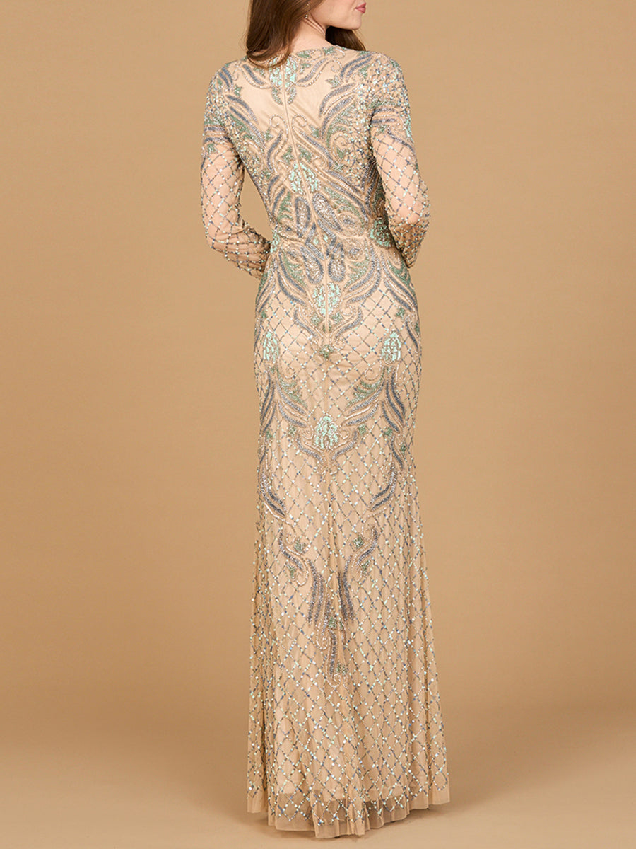 Long Sleeve Beaded Gown by Lara New York
