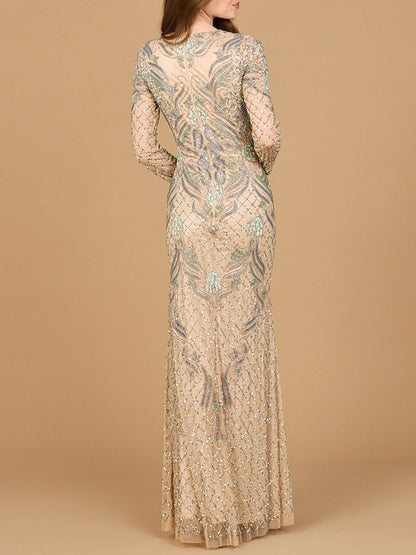 Long Sleeve Beaded Gown by Lara New York