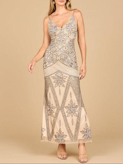 Contrast Beaded V-Neck Fitted Gown by Lara New York