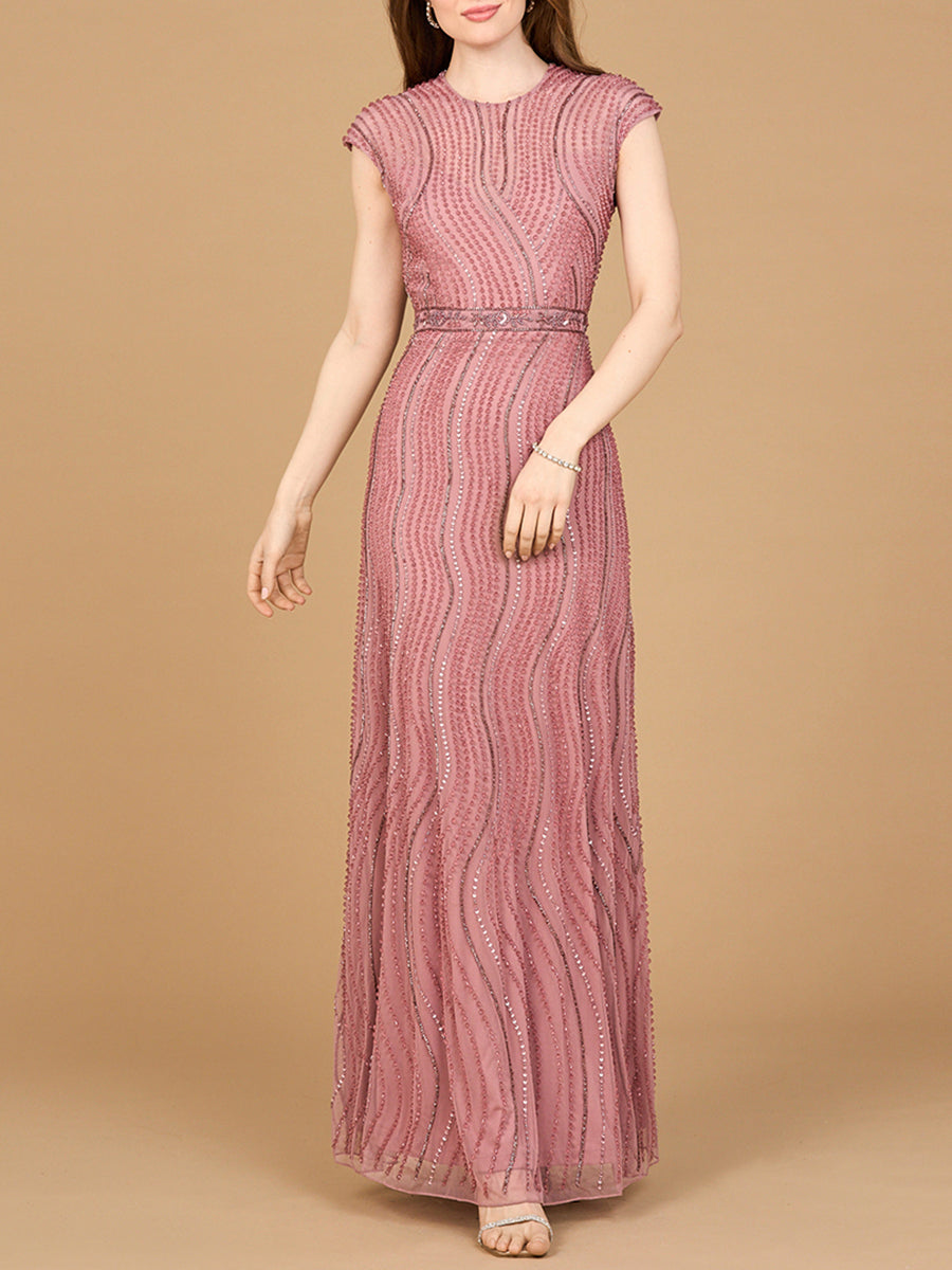 Cap Sleeve, Illusion Neck Beaded Gown by Lara New York