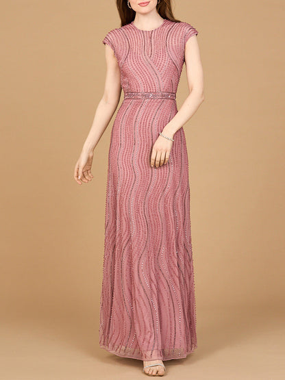 Cap Sleeve, Illusion Neck Beaded Gown by Lara New York