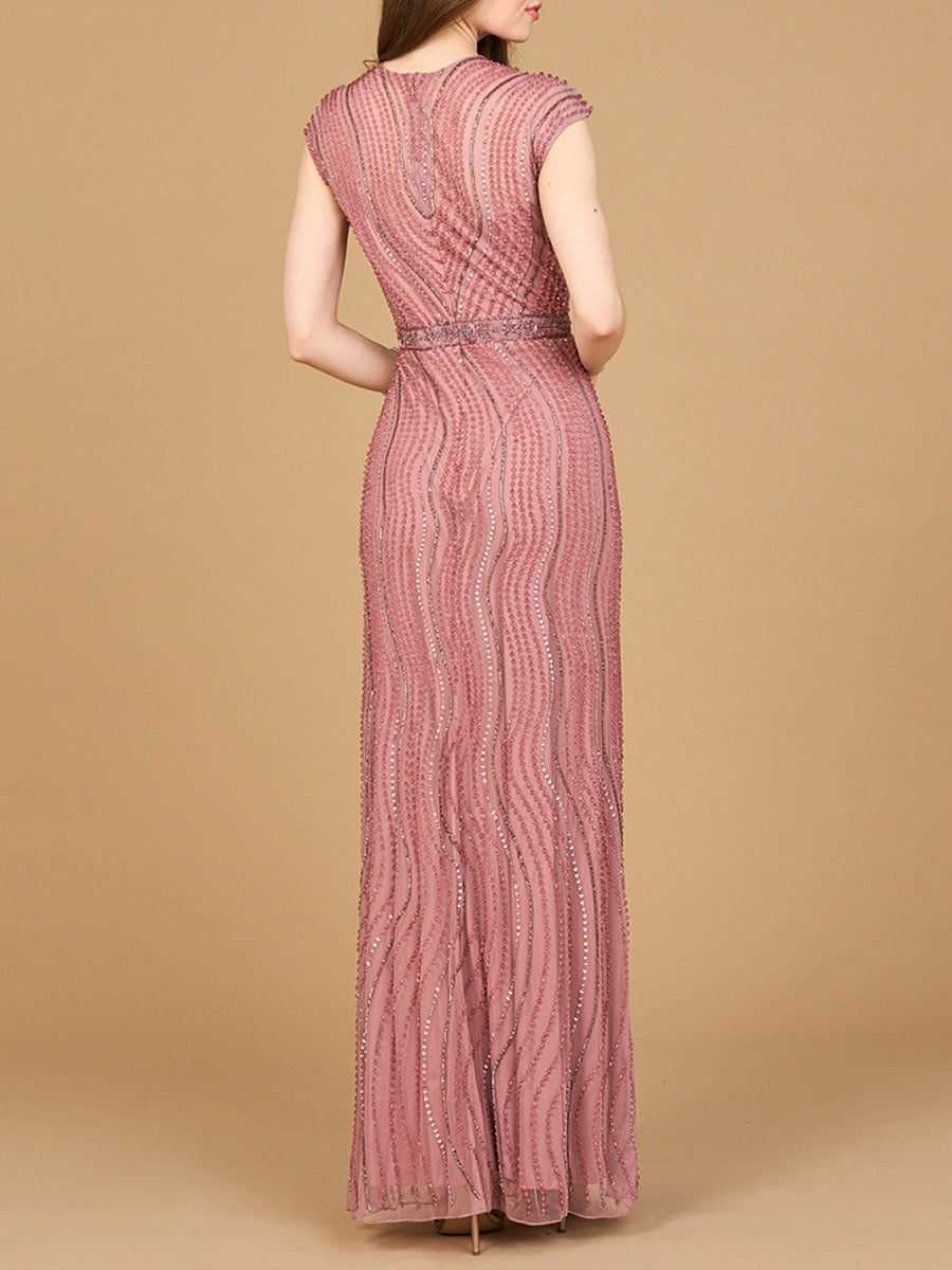Cap Sleeve, Illusion Neck Beaded Gown by Lara New York