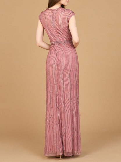 Cap Sleeve, Illusion Neck Beaded Gown by Lara New York