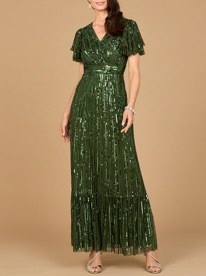 Elegant Beaded Gown with Flutter Sleeves by Lara New York