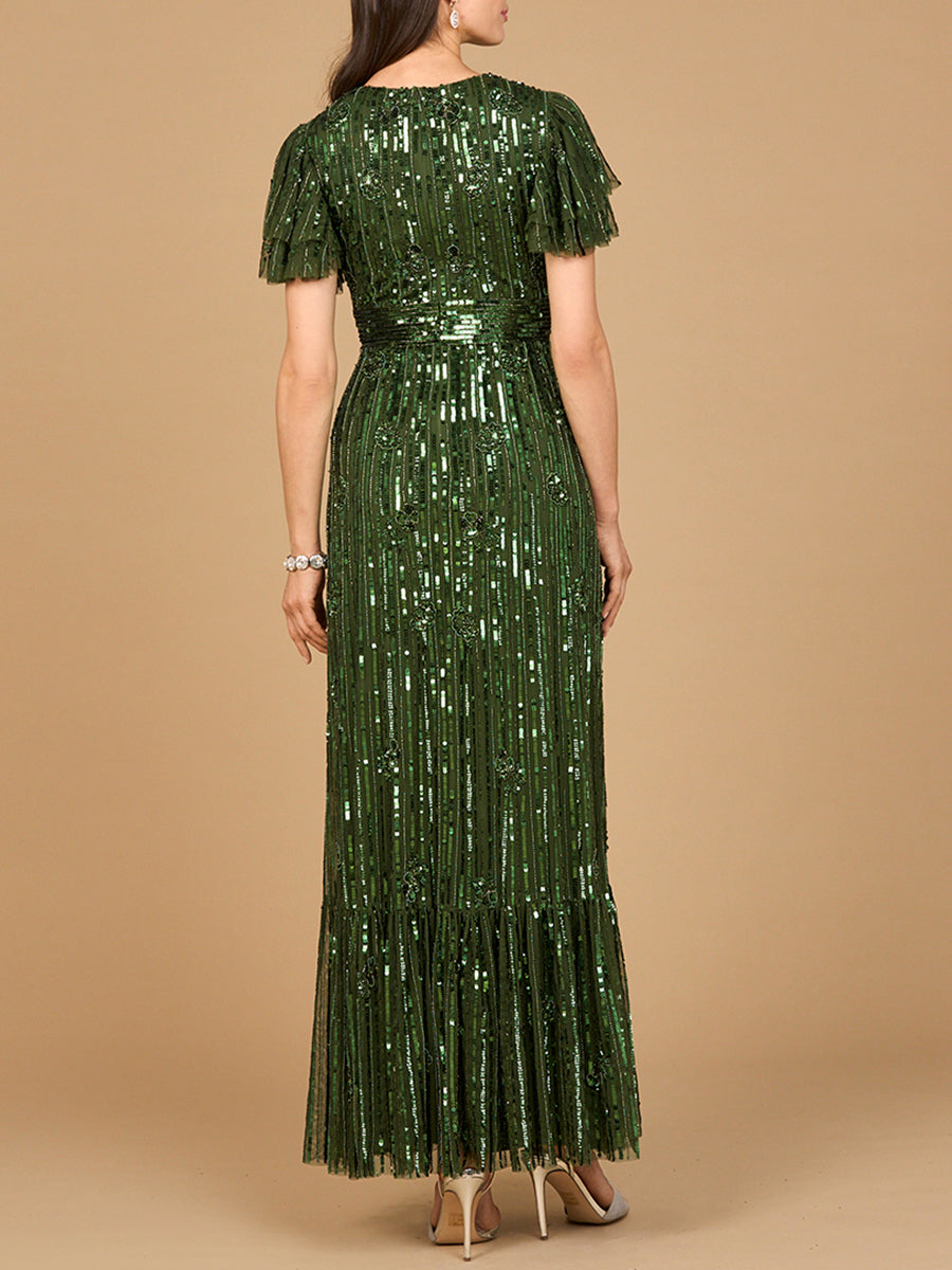 Elegant Beaded Gown with Flutter Sleeves by Lara New York