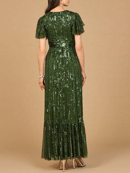 Elegant Beaded Gown with Flutter Sleeves by Lara New York