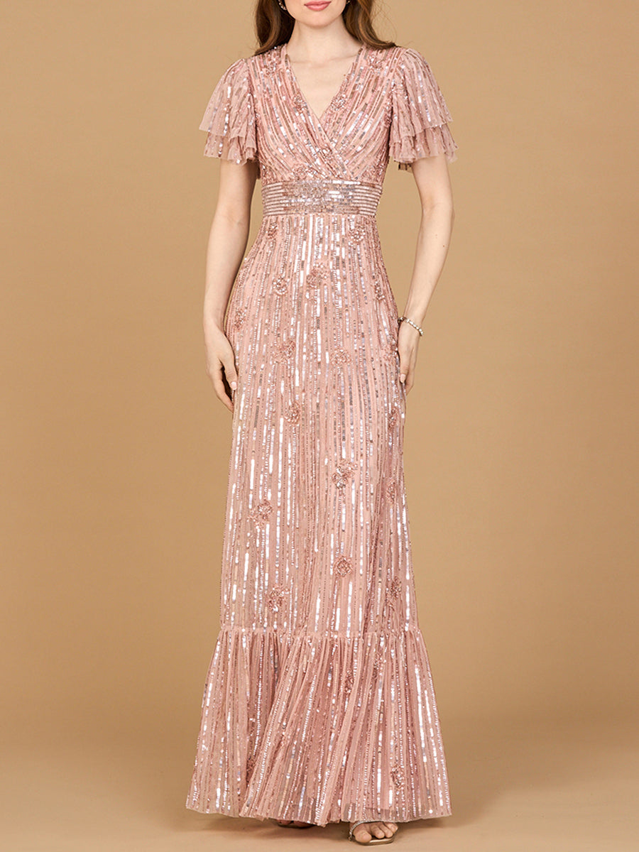 Elegant Beaded Gown with Flutter Sleeves by Lara New York
