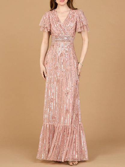 Elegant Beaded Gown with Flutter Sleeves by Lara New York