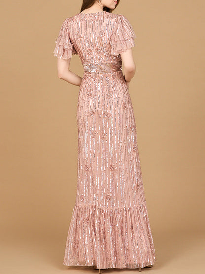 Elegant Beaded Gown with Flutter Sleeves by Lara New York