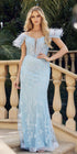Juliet 288 Long Off the Shoulder Feather Strap Fitted Glitter Print Gown by DiscountDressShop