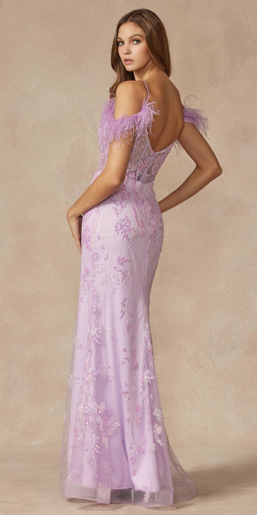Juliet 288 Long Off the Shoulder Feather Strap Fitted Glitter Print Gown by DiscountDressShop