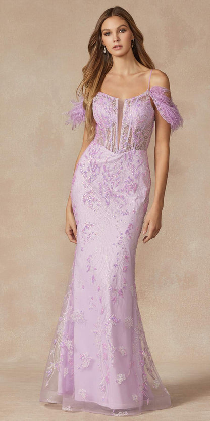 Juliet 288 Long Off the Shoulder Feather Strap Fitted Glitter Print Gown by DiscountDressShop