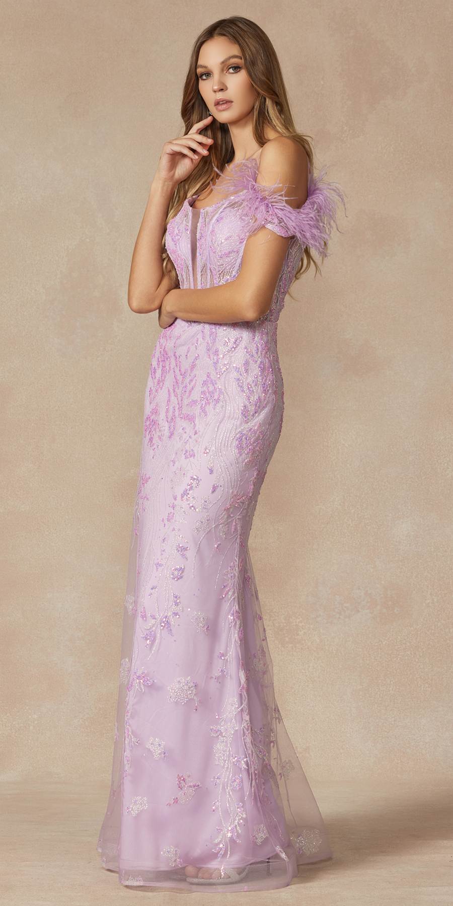 Juliet 288 Long Off the Shoulder Feather Strap Fitted Glitter Print Gown by DiscountDressShop