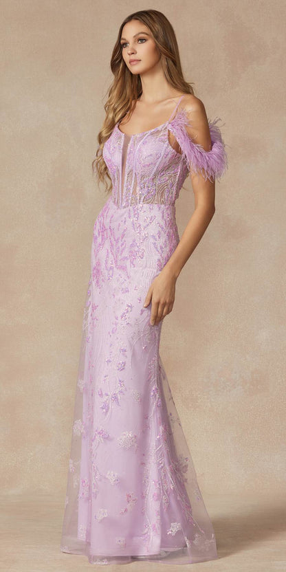Juliet 288 Long Off the Shoulder Feather Strap Fitted Glitter Print Gown by DiscountDressShop