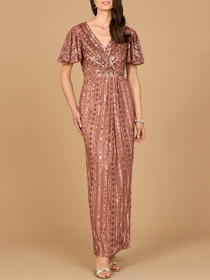 Fully Beaded Gown with Flutter Sleeves by Lara New York