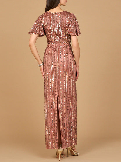 Fully Beaded Gown with Flutter Sleeves by Lara New York