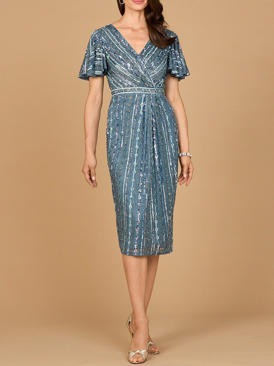 Beaded Midi Dress with Flutter Sleeves by Lara New York