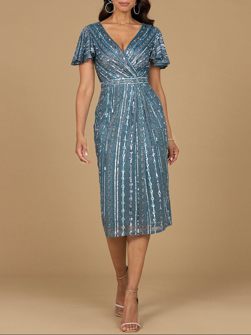 Beaded Midi Dress with Flutter Sleeves by Lara New York