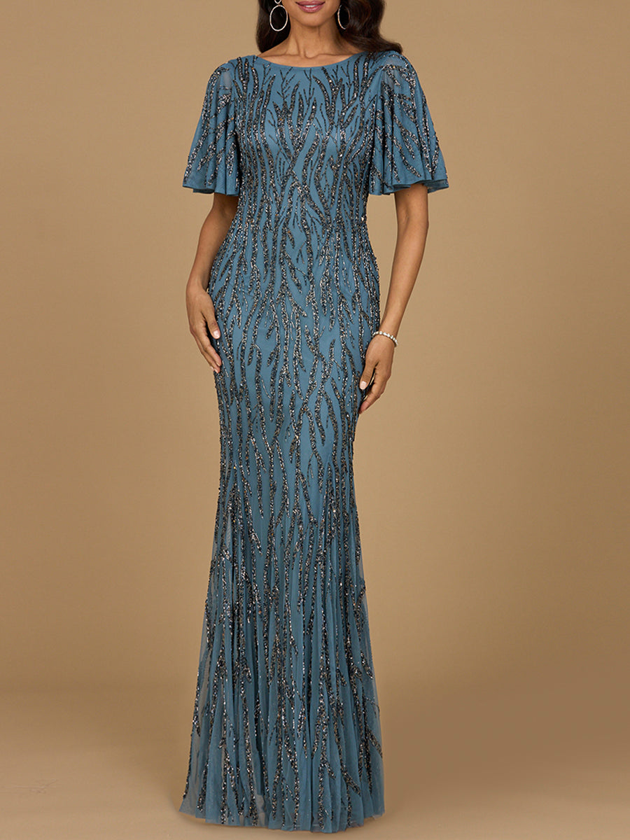 Beaded Gown with Flutter Sleeves by Lara New York