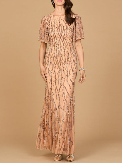 Beaded Gown with Flutter Sleeves by Lara New York