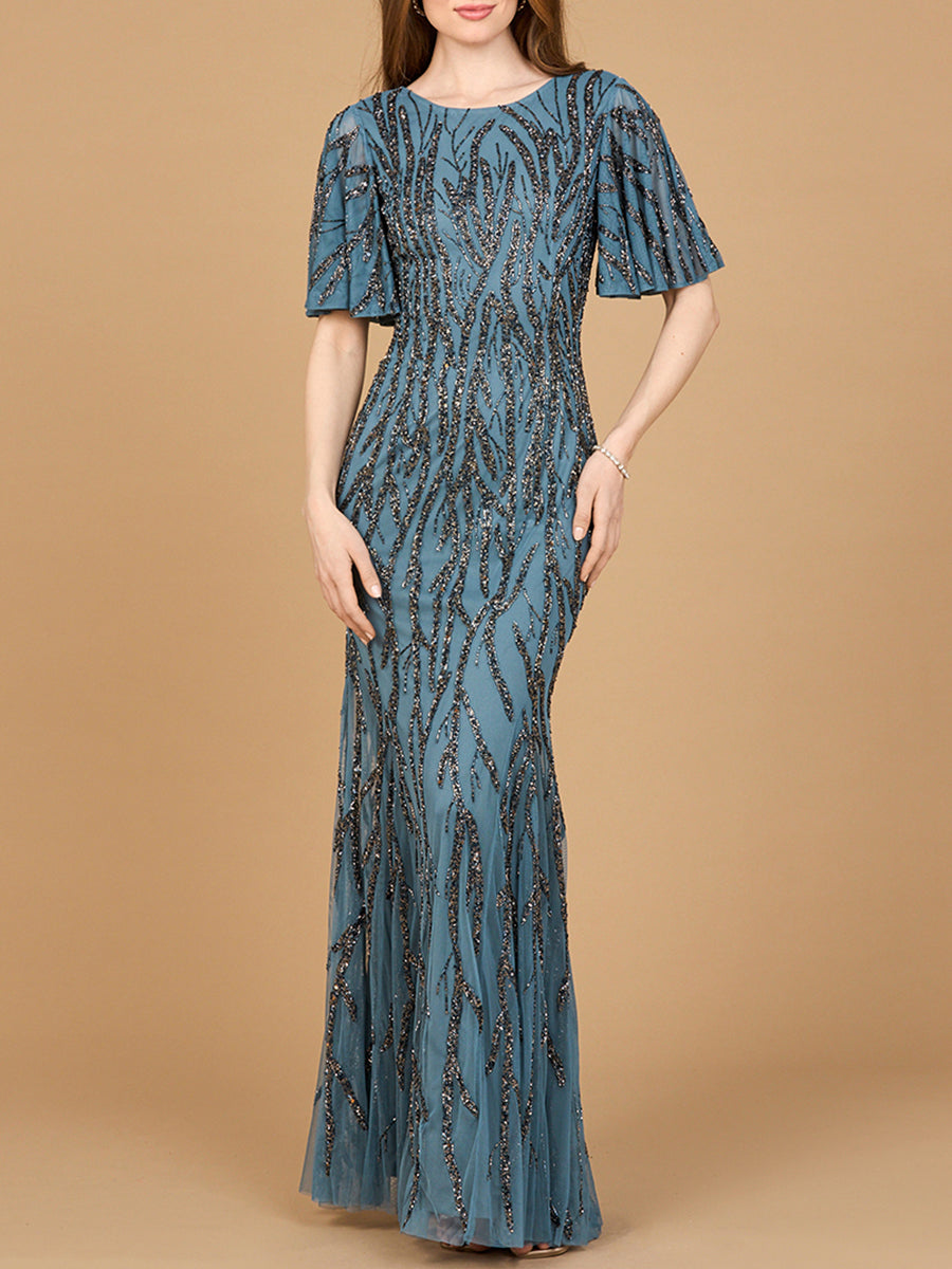 Beaded Gown with Flutter Sleeves by Lara New York