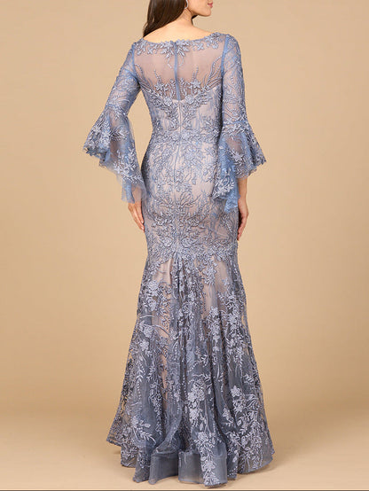 Illusion Neck, Long Bell Sleeve Gown by Lara New York